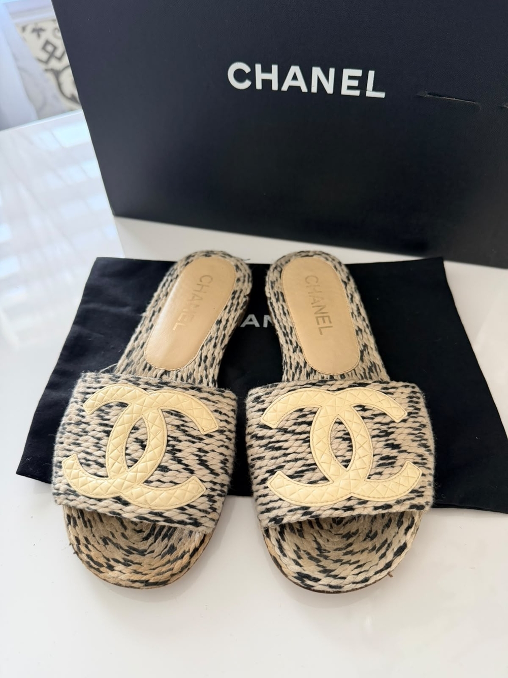 CHANEL Beige and Black Tweed Slide Mules with CC Logo